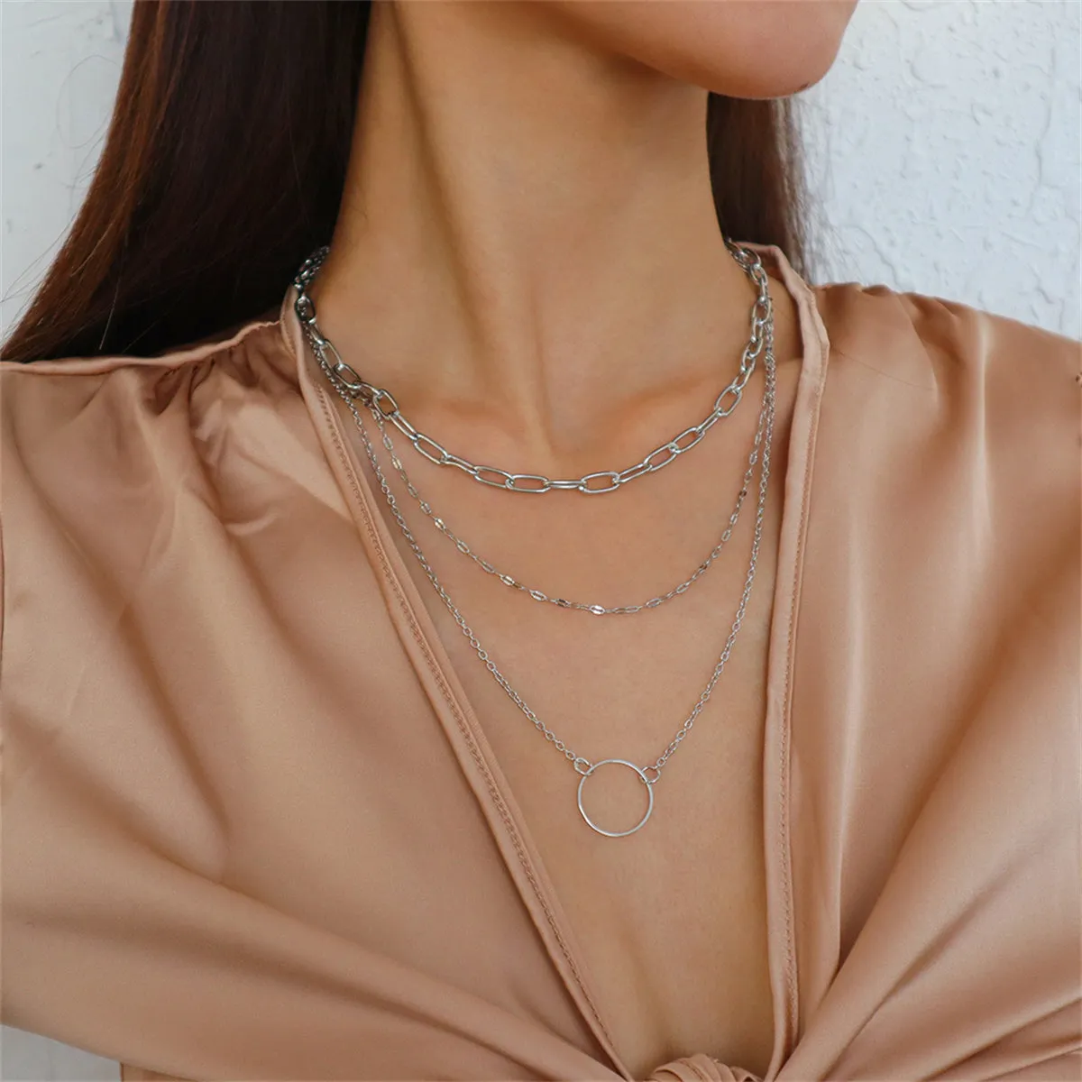 Silver-Plated Hoop Pendant Layered Necklace