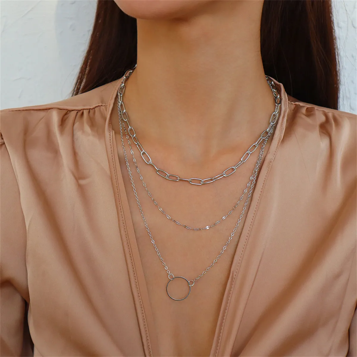 Silver-Plated Hoop Pendant Layered Necklace