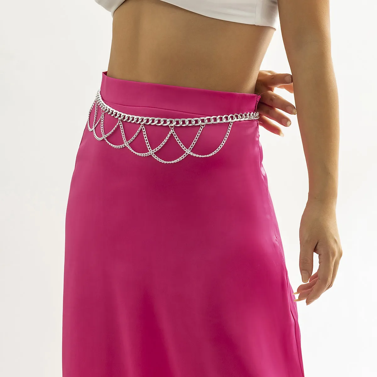 Silver-Plated Layered Curb Chain Waist Belt
