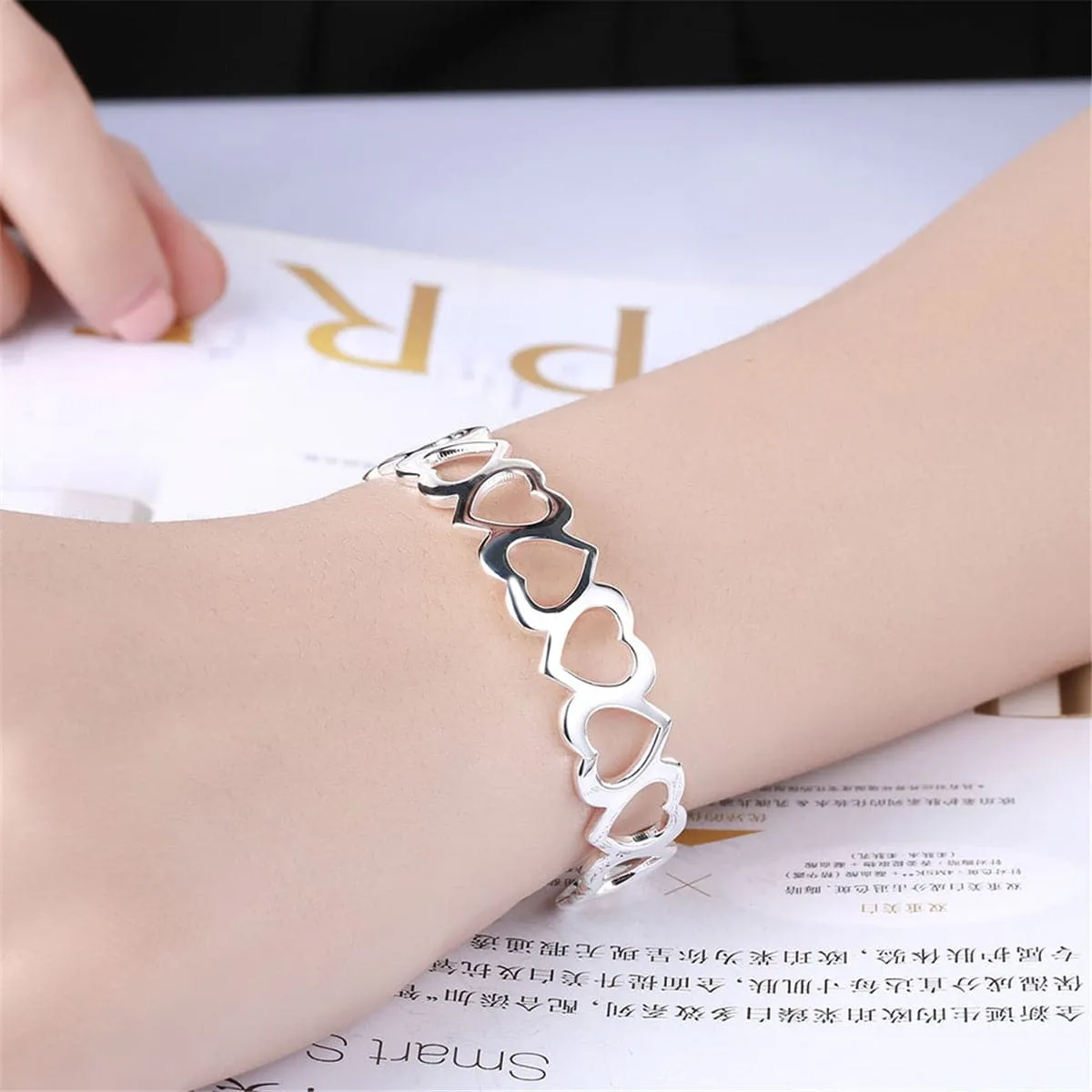 Silver-Plated Linking Hollow Heart Cuff