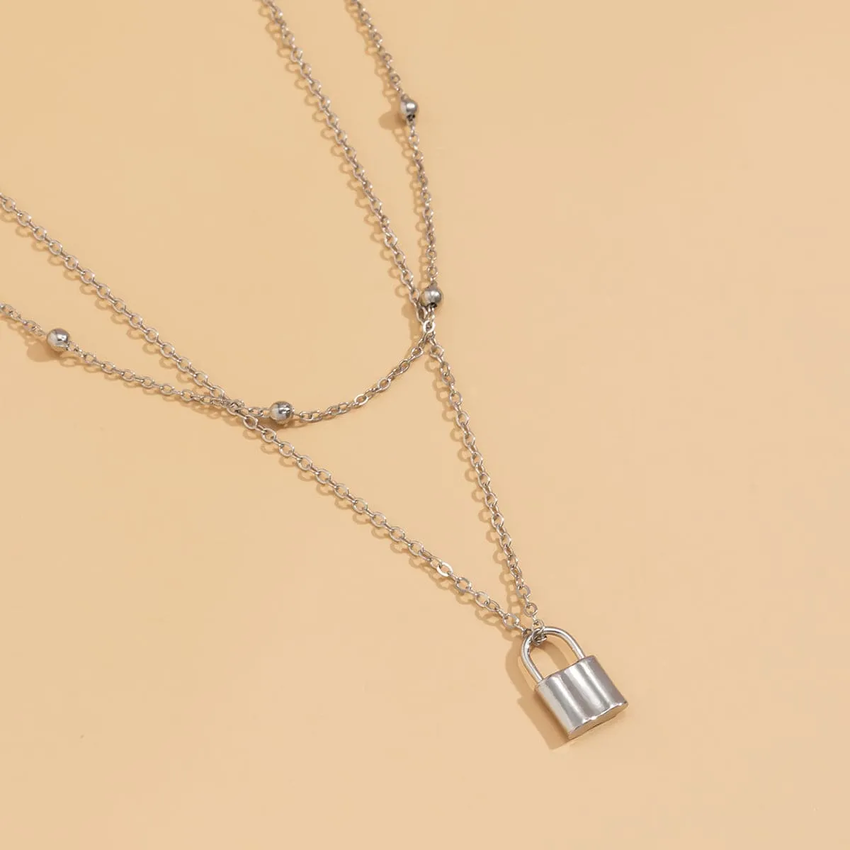 Silver-Plated Lock Layered Pendant Necklace