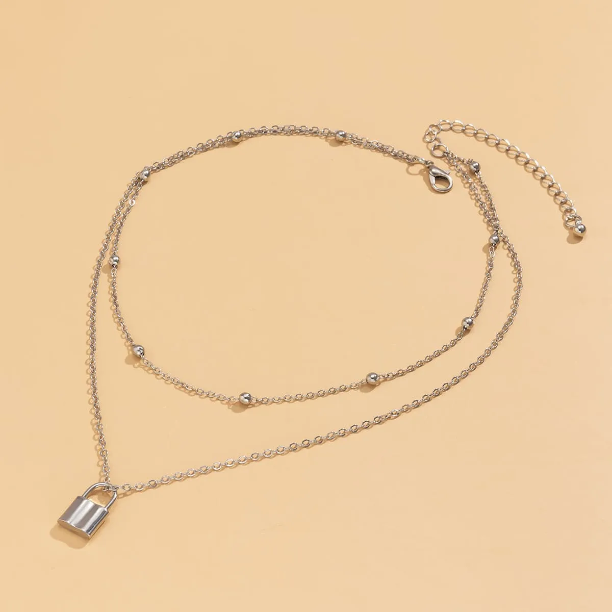 Silver-Plated Lock Layered Pendant Necklace