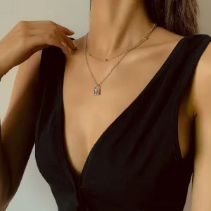 Silver-Plated Lock Layered Pendant Necklace
