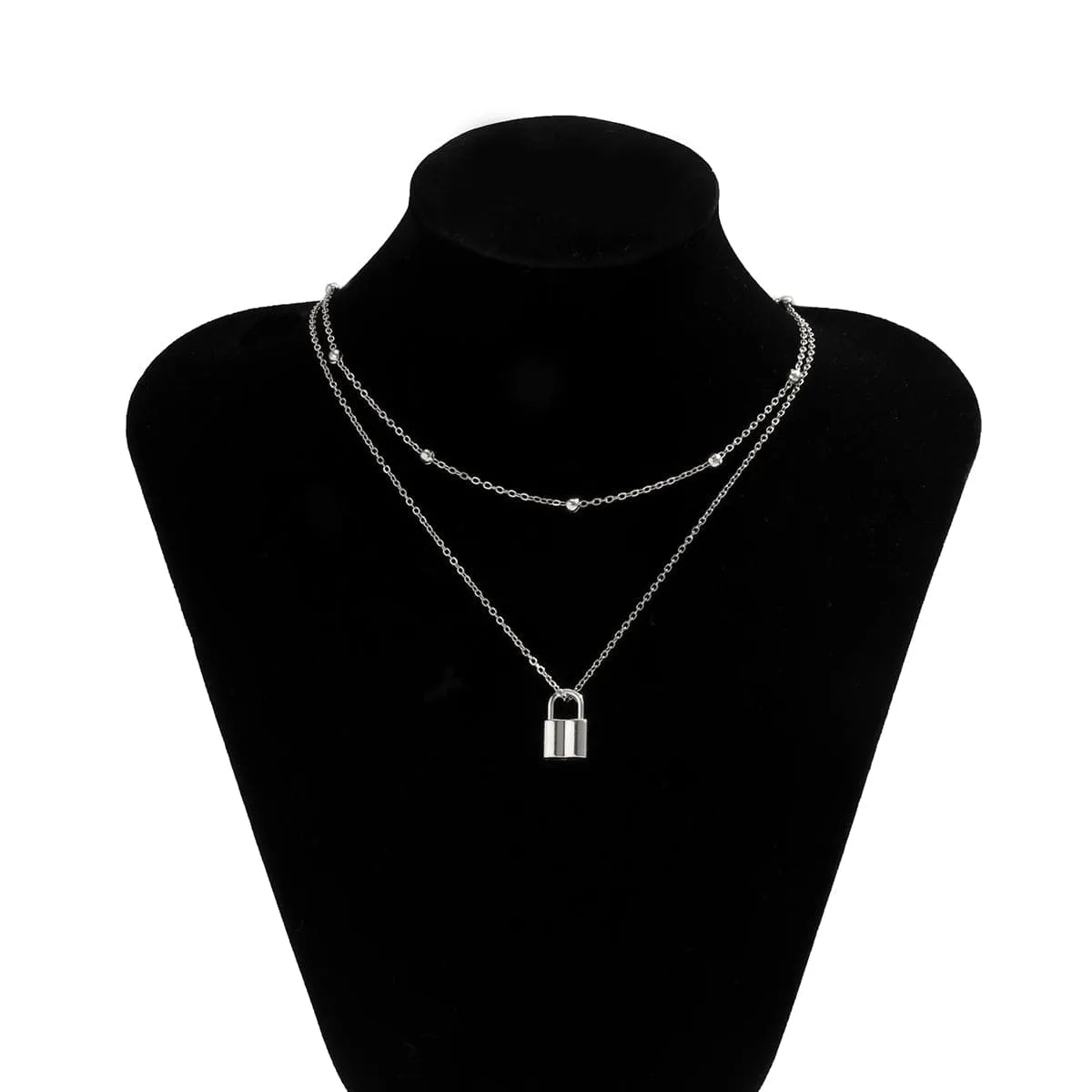 Silver-Plated Lock Layered Pendant Necklace
