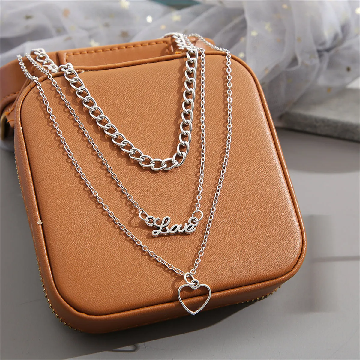 Silver-Plated 'Love' Heart Pendant Layered Pendant Necklace