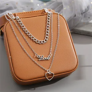 Silver-Plated 'Love' Heart Pendant Layered Pendant Necklace