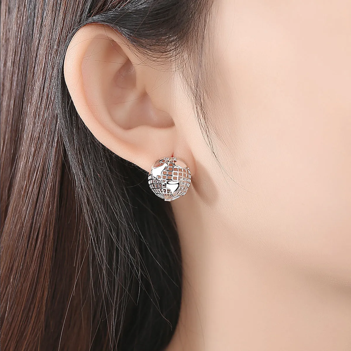 Silver-Plated Map Globe Huggie Earrings