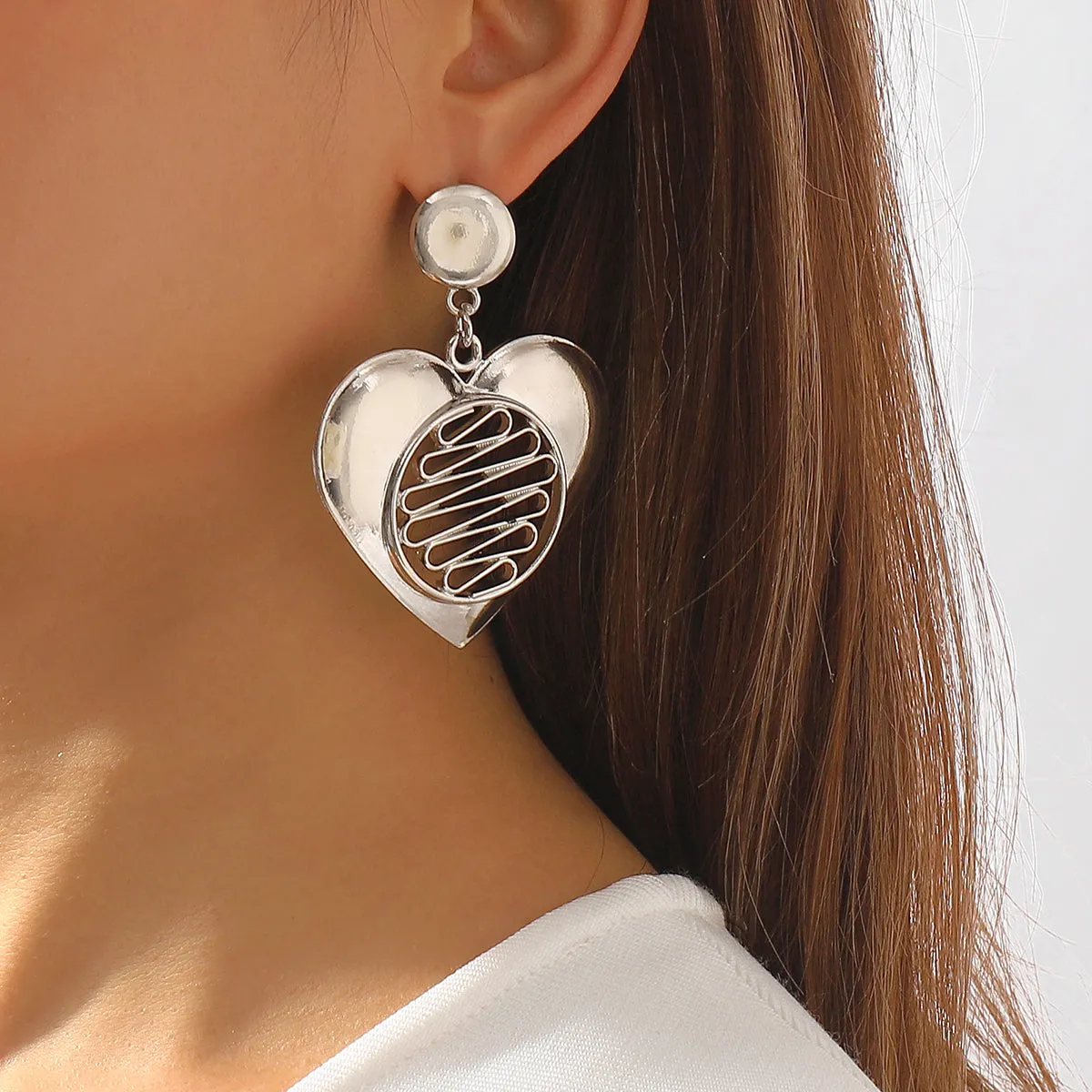 Silver-Plated Open Stripped Heart Drop Earrings