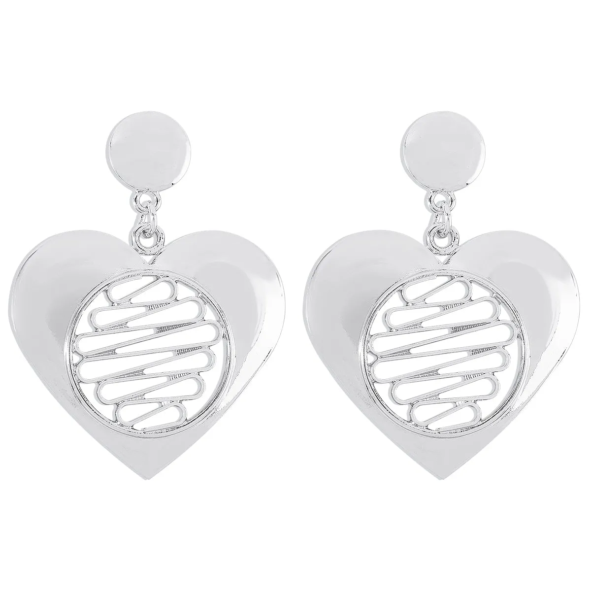 Silver-Plated Open Stripped Heart Drop Earrings