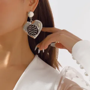 Silver-Plated Open Stripped Heart Drop Earrings
