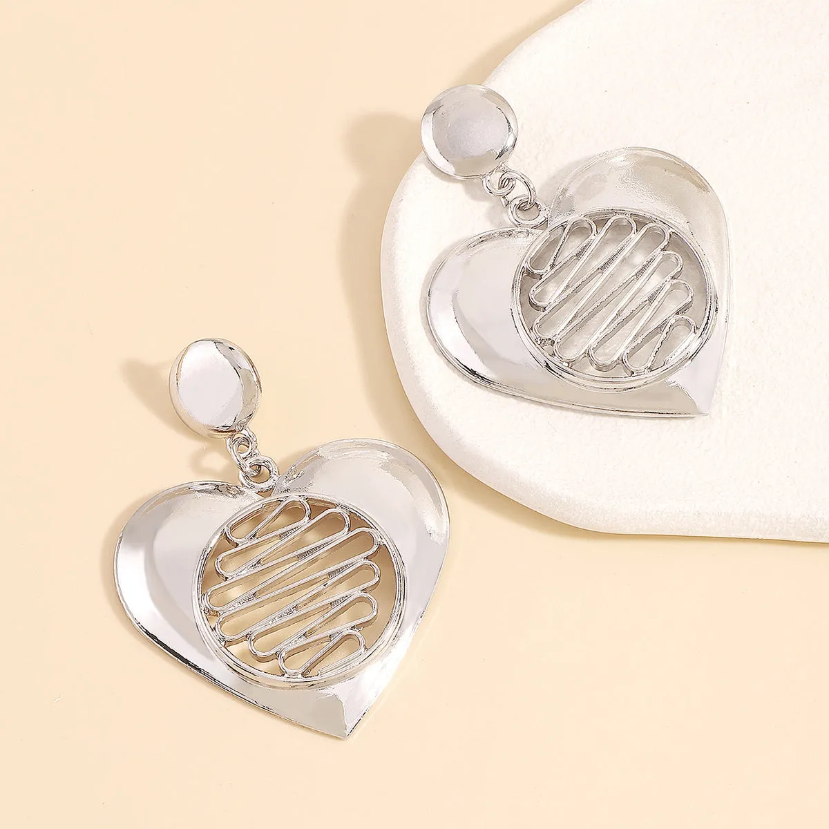 Silver-Plated Open Stripped Heart Drop Earrings