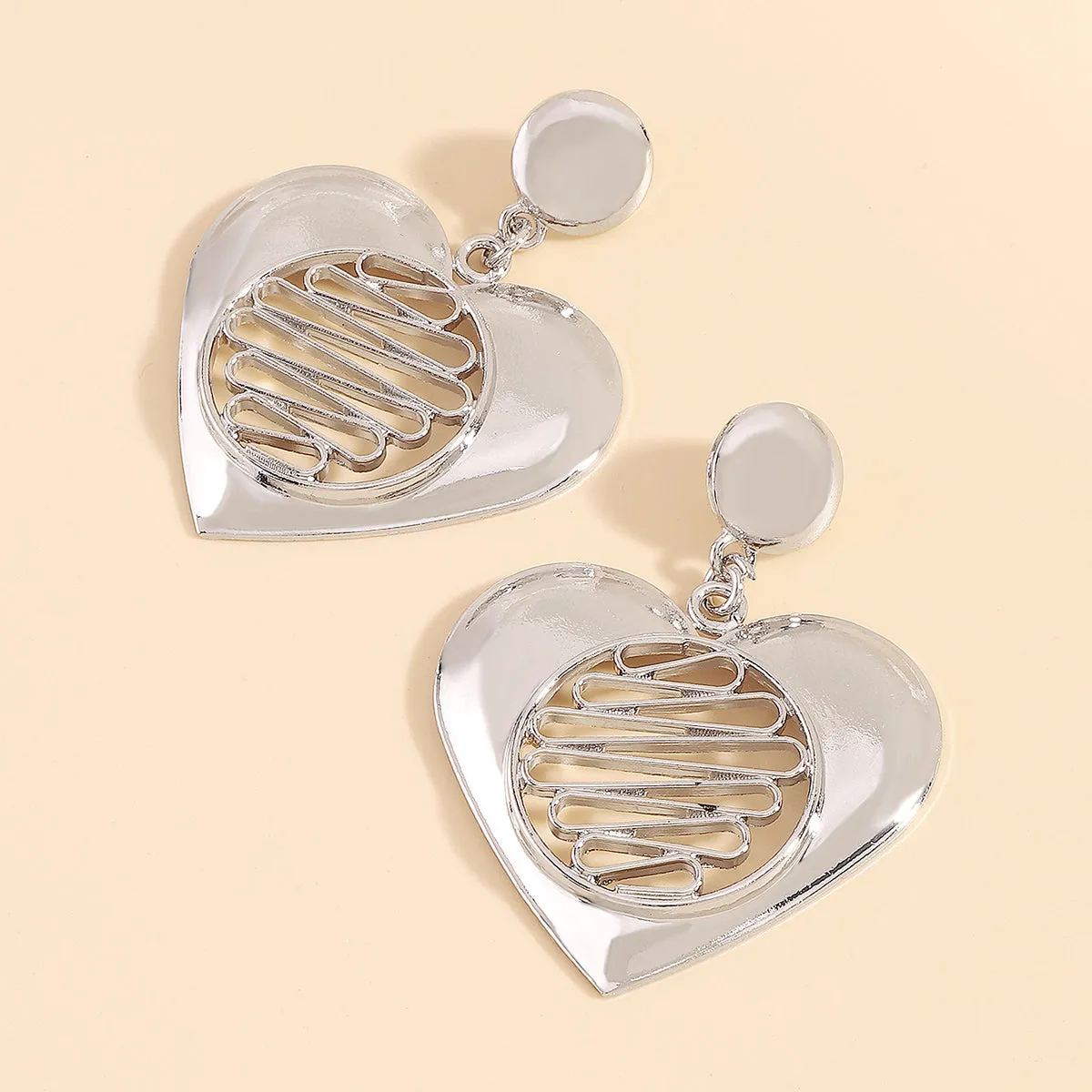 Silver-Plated Open Stripped Heart Drop Earrings