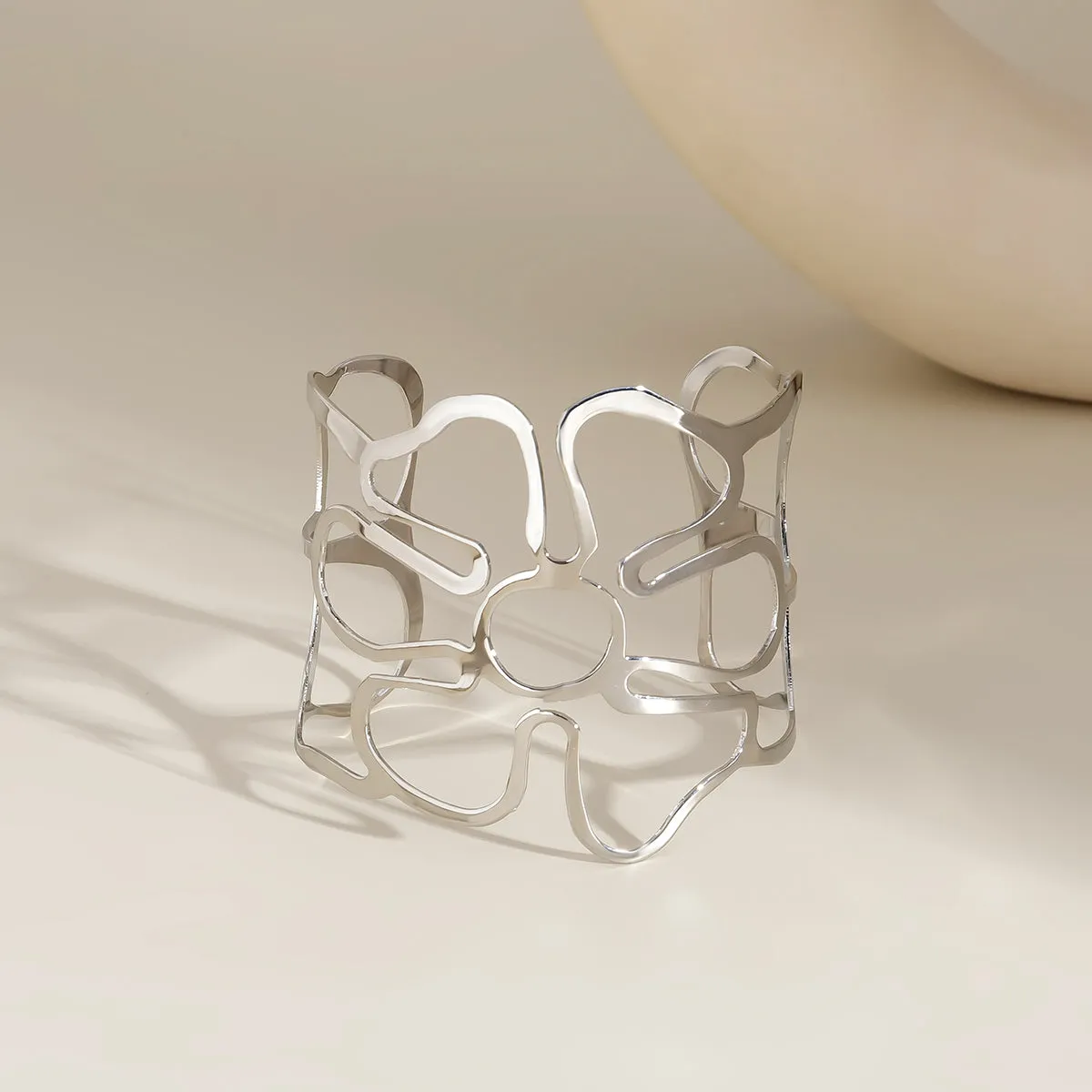 Silver-Plated Openwork Flower Cuff