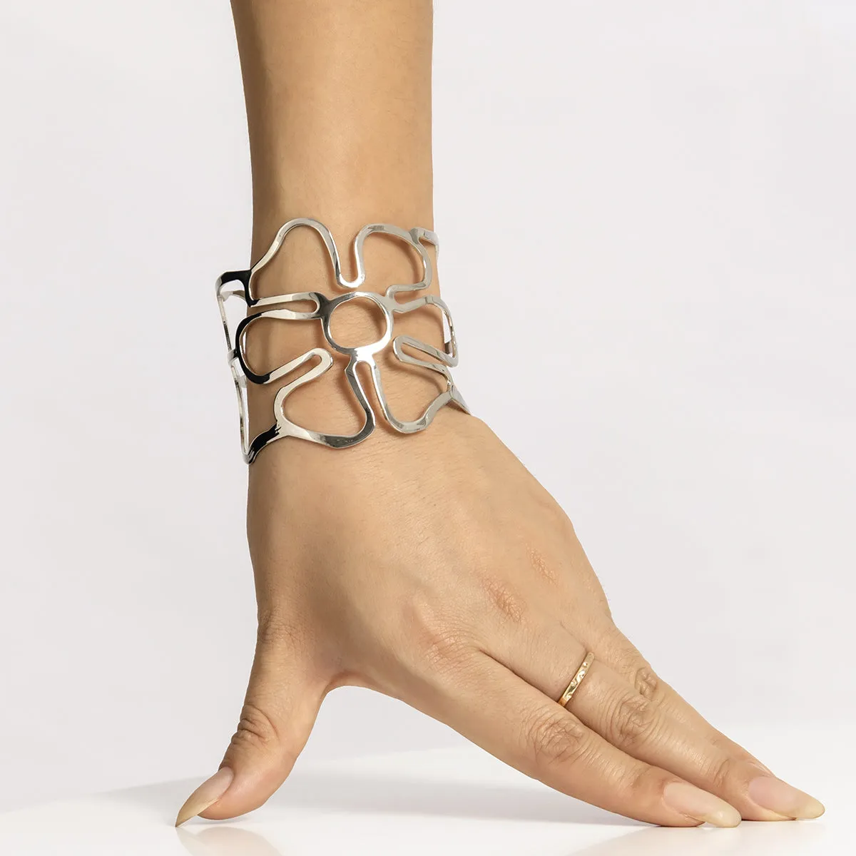 Silver-Plated Openwork Flower Cuff