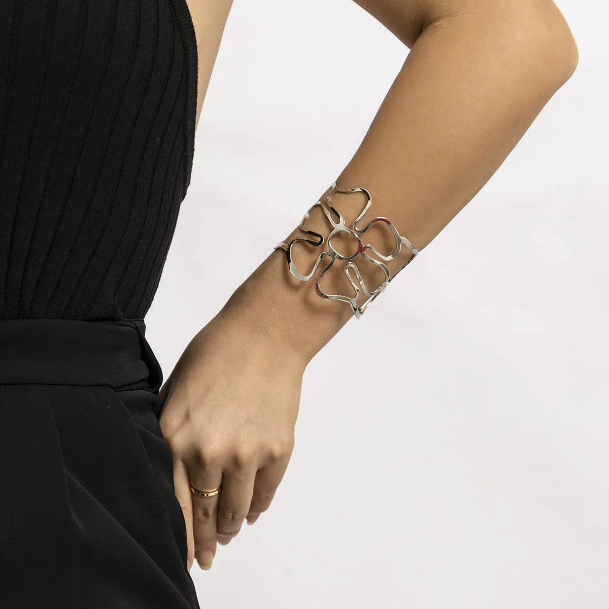 Silver-Plated Openwork Flower Cuff