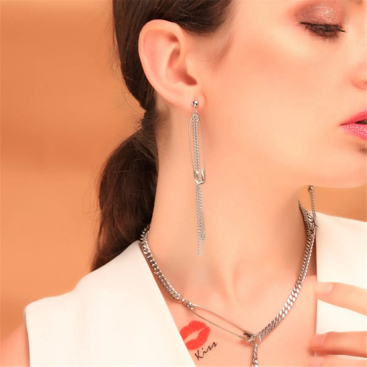 Silver-Plated Pin Tassel Drop Earrings