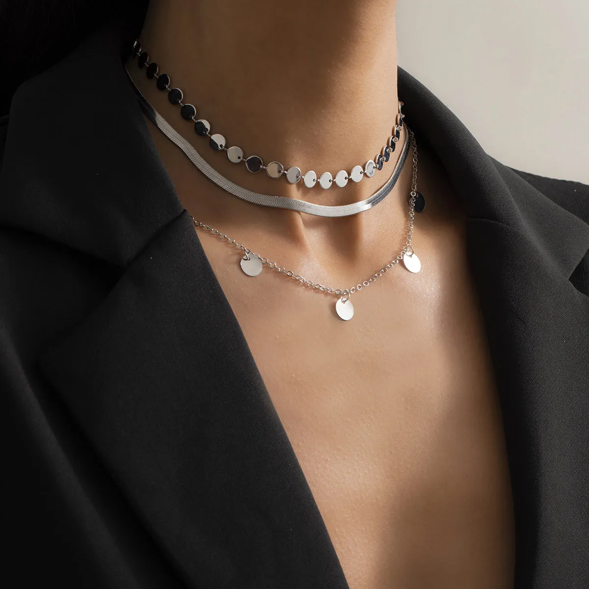 Silver-Plated Round Station Choker Necklace Set