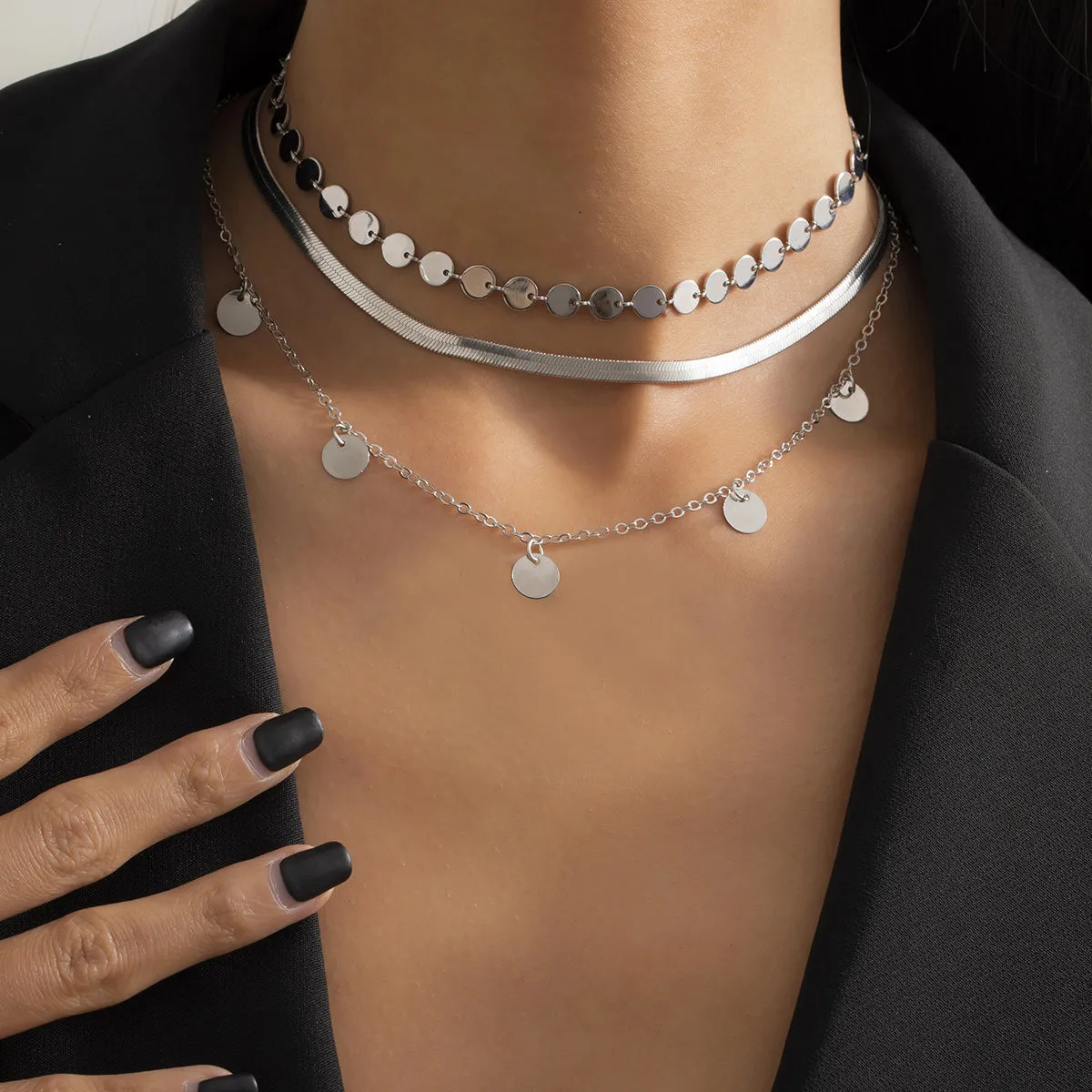 Silver-Plated Round Station Choker Necklace Set