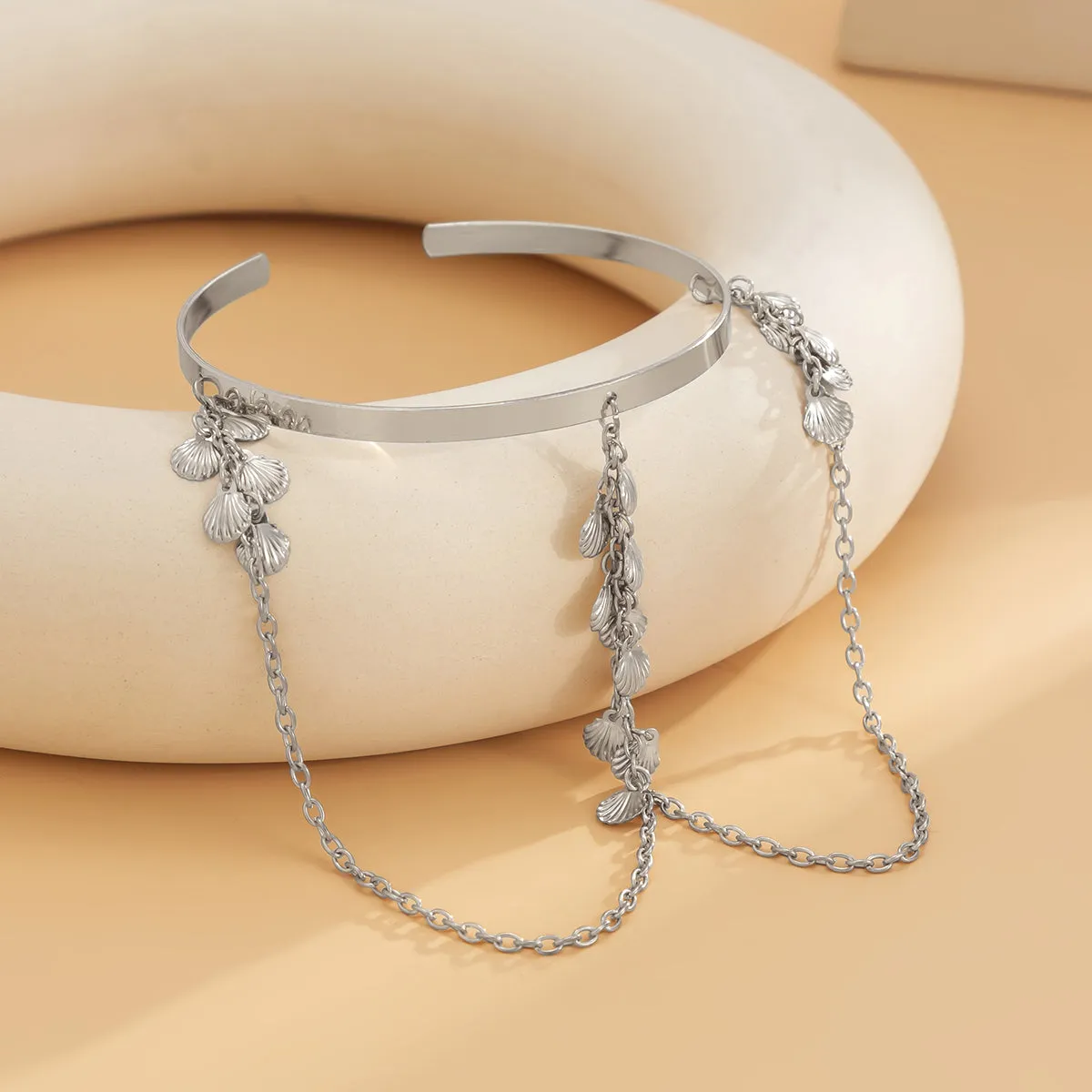 Silver-Plated Shell Tassel Arm Cuff
