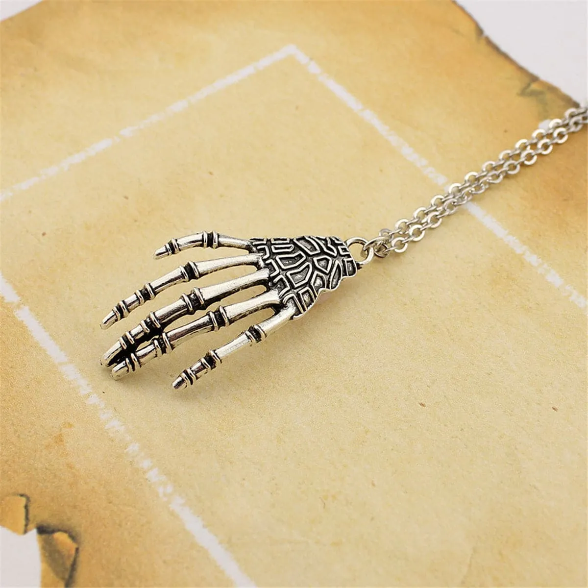 Silver-Plated Skeleton Hand Pendant Necklace
