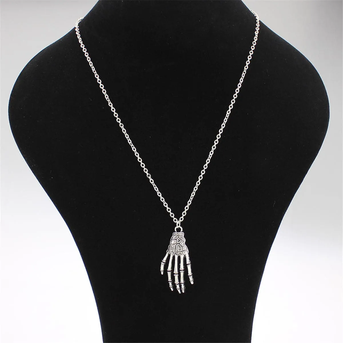 Silver-Plated Skeleton Hand Pendant Necklace