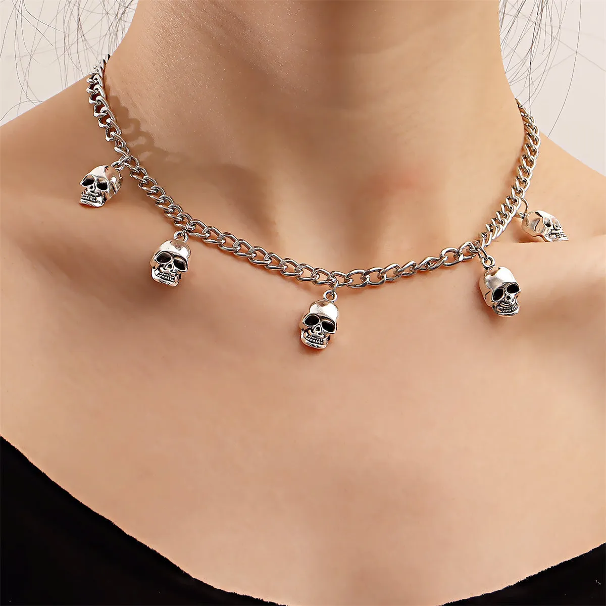 Silver-Plated Skulls Charm Necklace