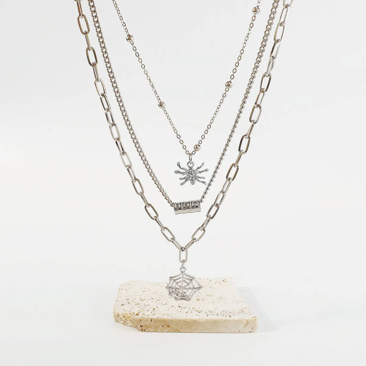 Silver-Plated Spider Web Layered Pendant Necklace