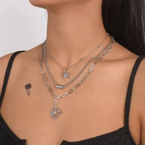 Silver-Plated Spider Web Layered Pendant Necklace