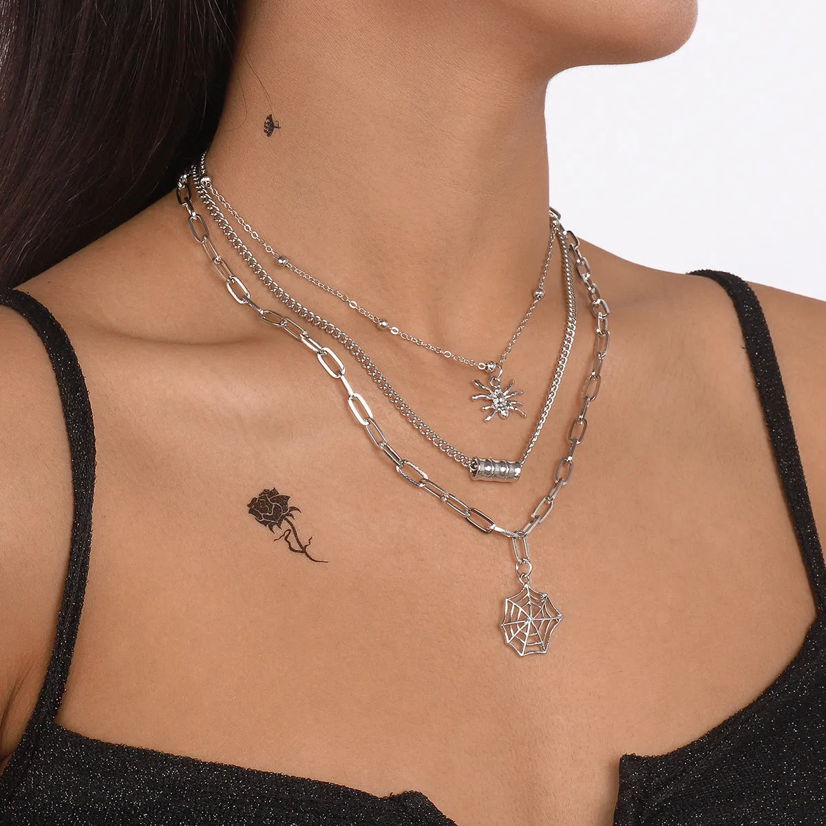 Silver-Plated Spider Web Layered Pendant Necklace
