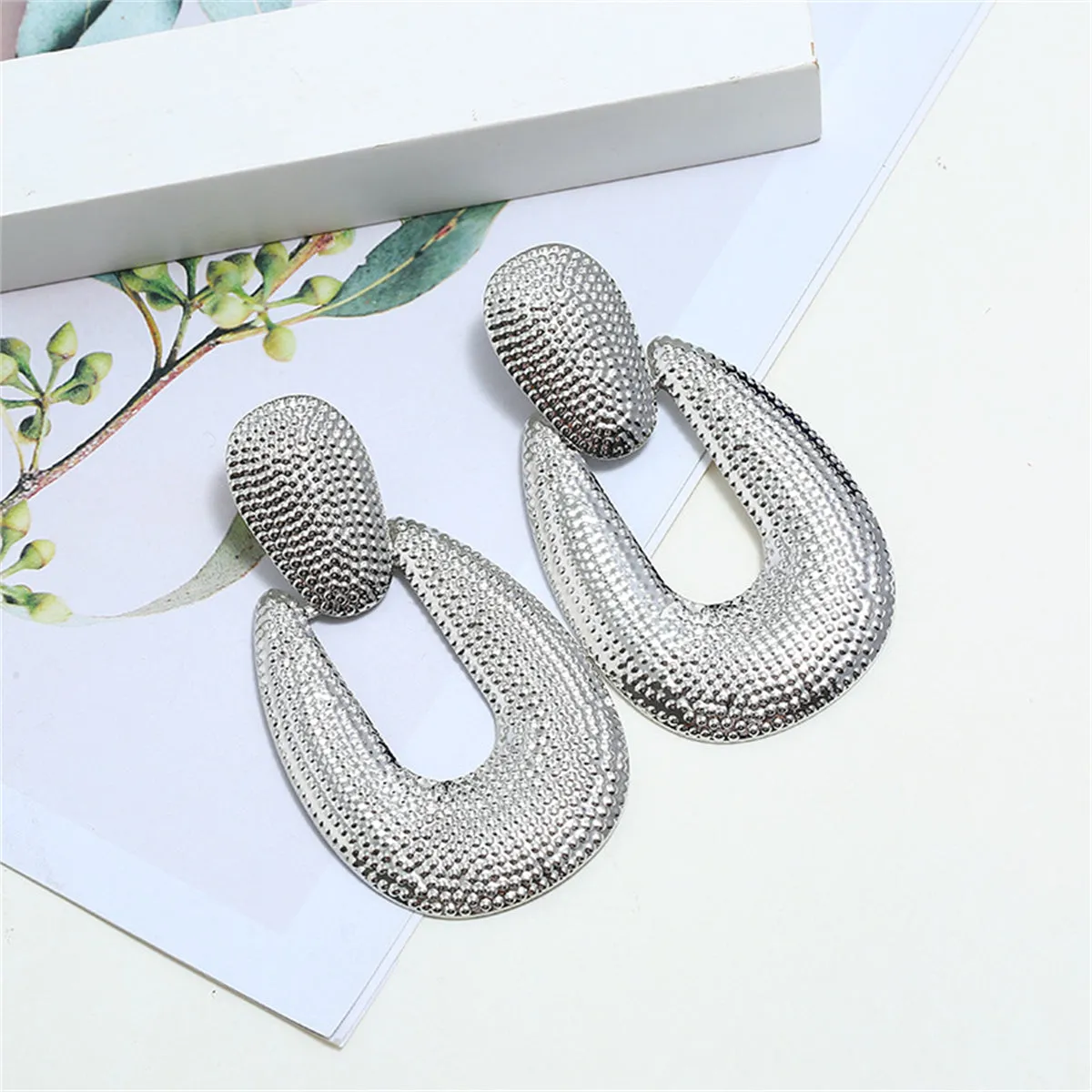 Silver-Plated Studded Open Oval Drop Earrings