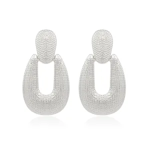 Silver-Plated Studded Open Oval Drop Earrings