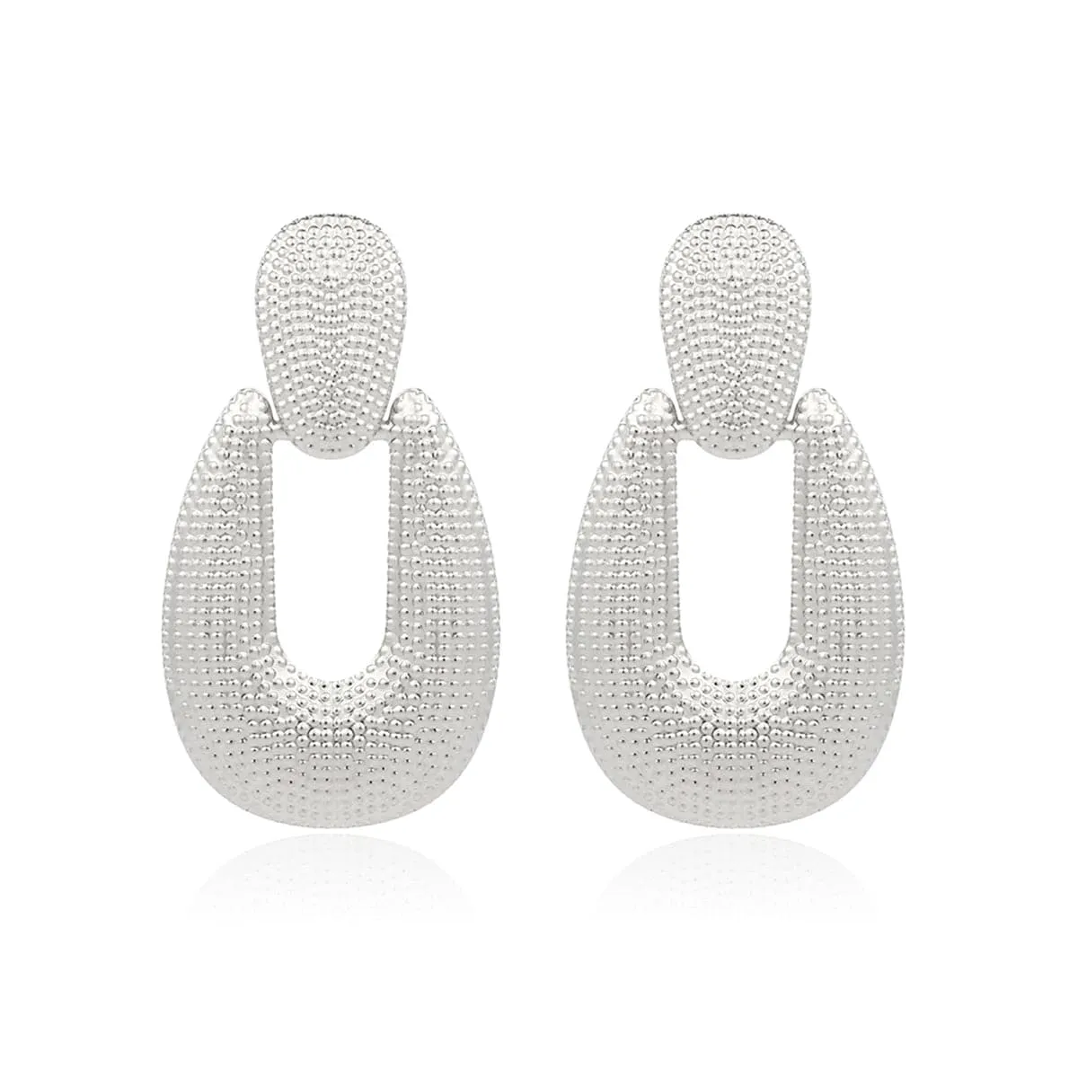 Silver-Plated Studded Open Oval Drop Earrings