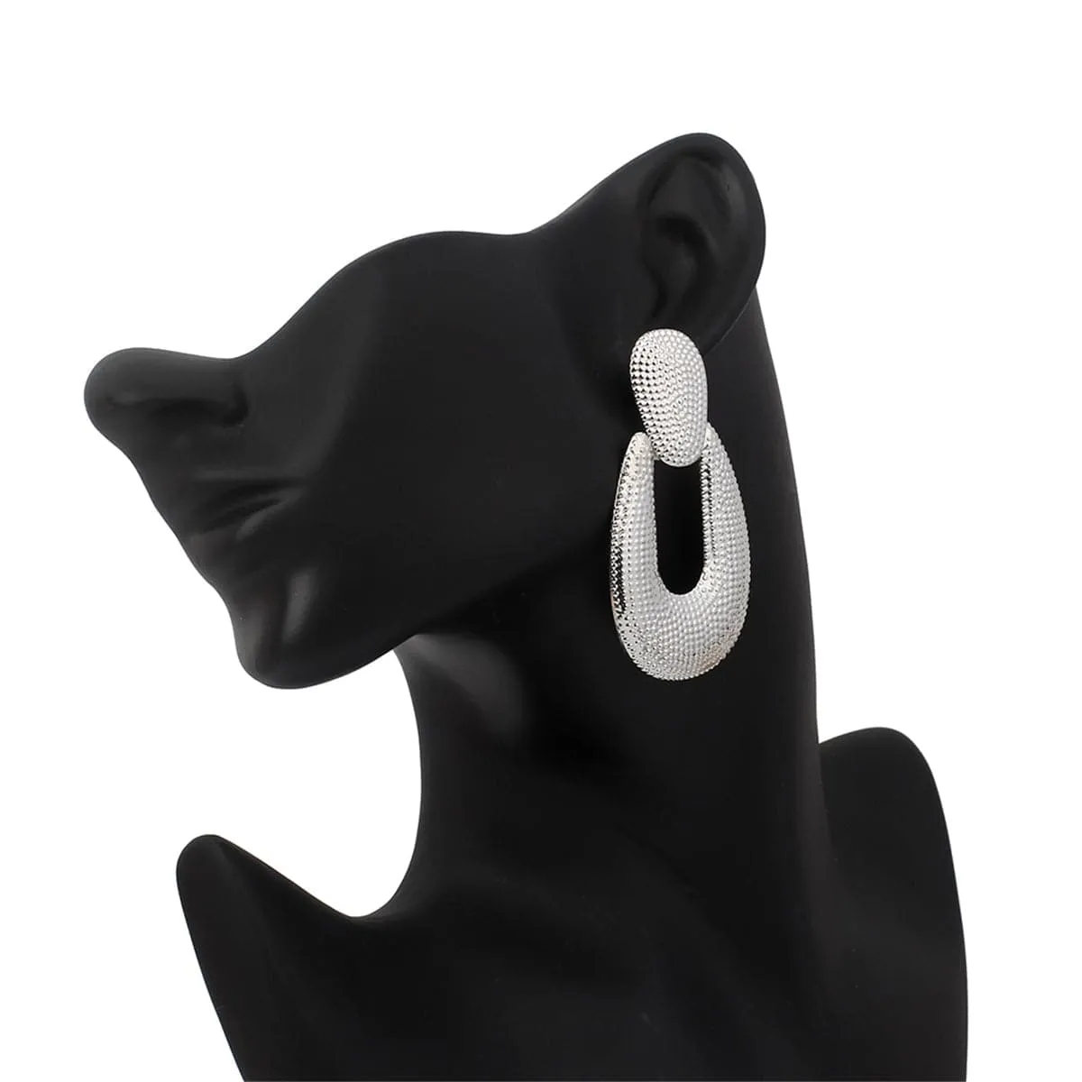 Silver-Plated Studded Open Oval Drop Earrings