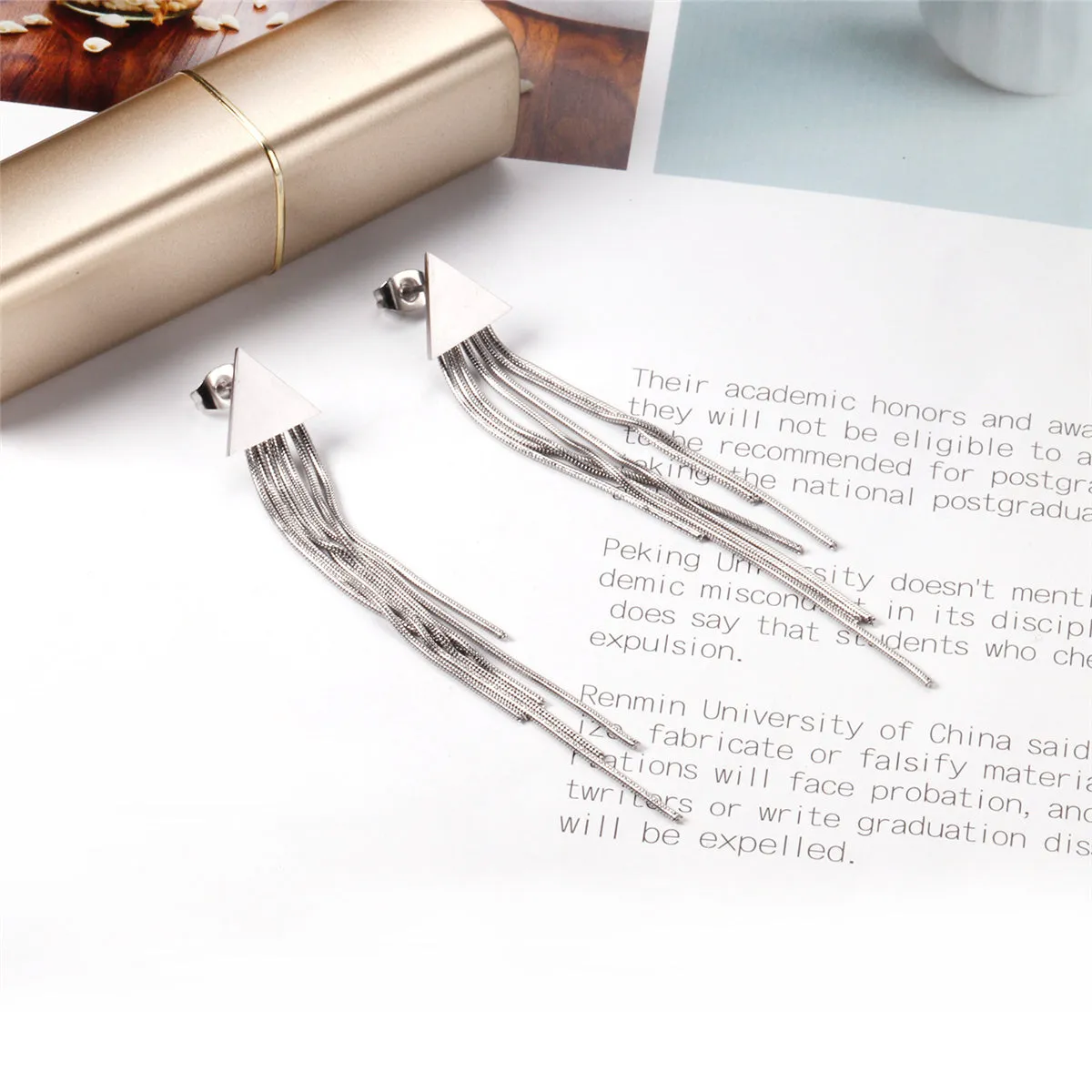 Silver-Plated Triangle Tassel Drop Earrings