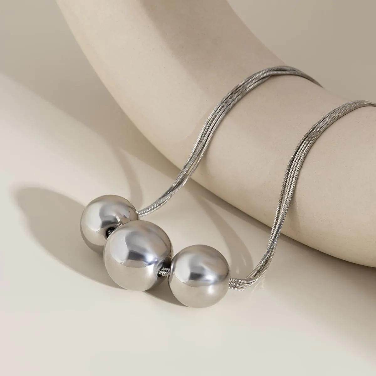 Silver-Plated Triple-Ball Multi-Chain Pendant Necklace
