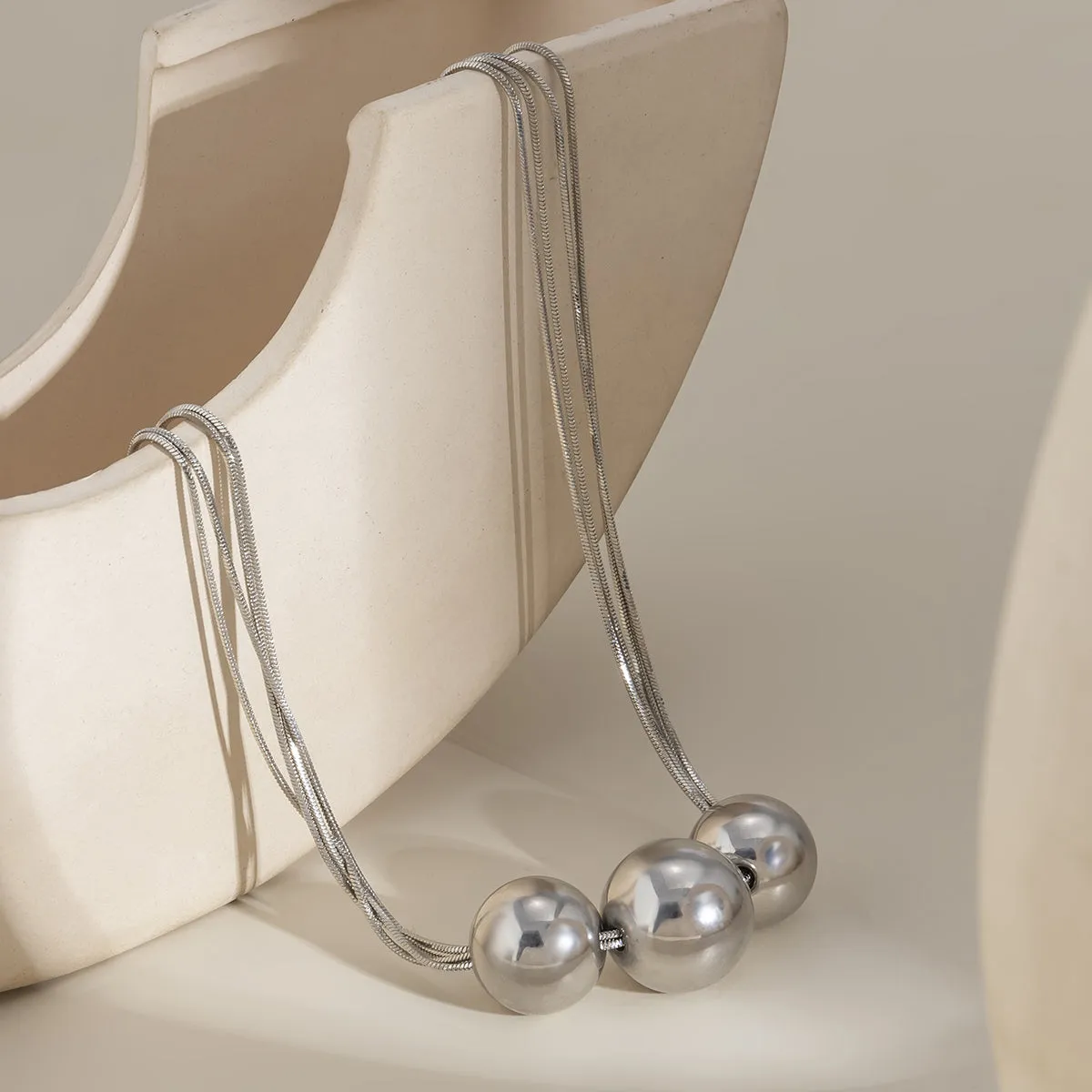 Silver-Plated Triple-Ball Multi-Chain Pendant Necklace