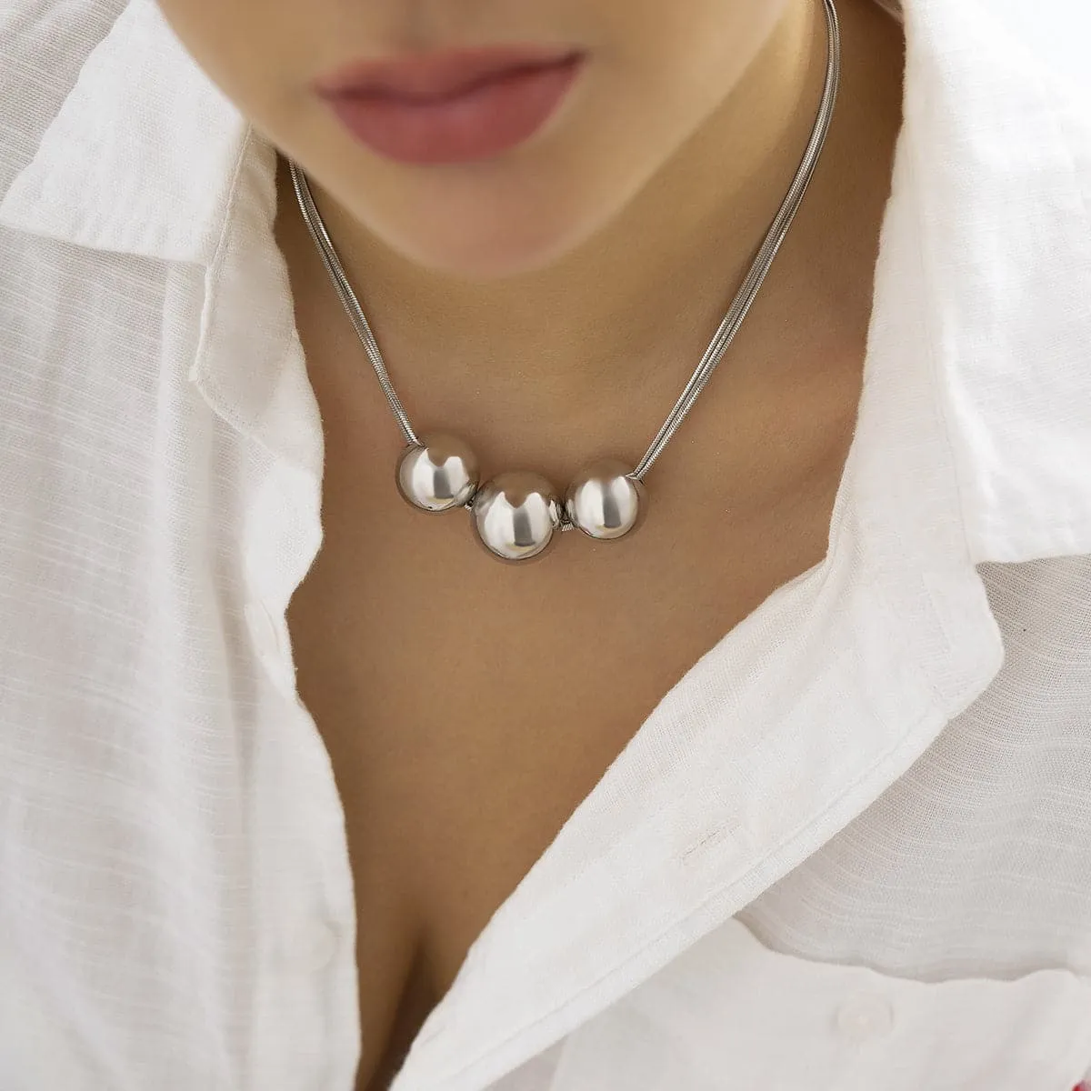 Silver-Plated Triple-Ball Multi-Chain Pendant Necklace