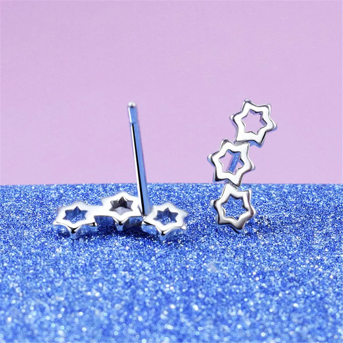 Silver-Plated Triple Hollow-Star Stud Earrings