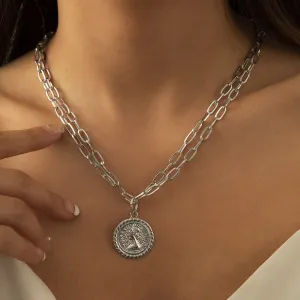 Silver-Plated Two-Chain Coin Pendant Necklace