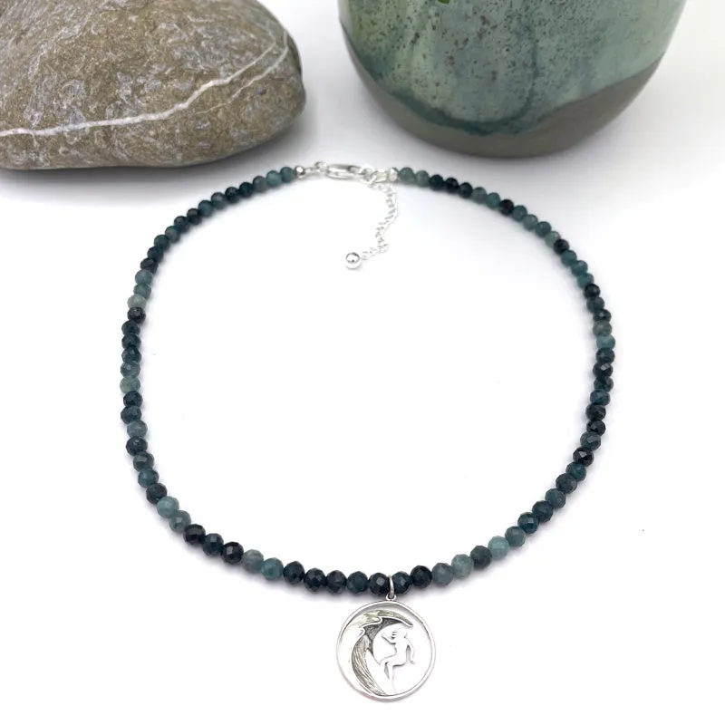 Silver Surfer Girl Blue Tourmaline Charm Necklace
