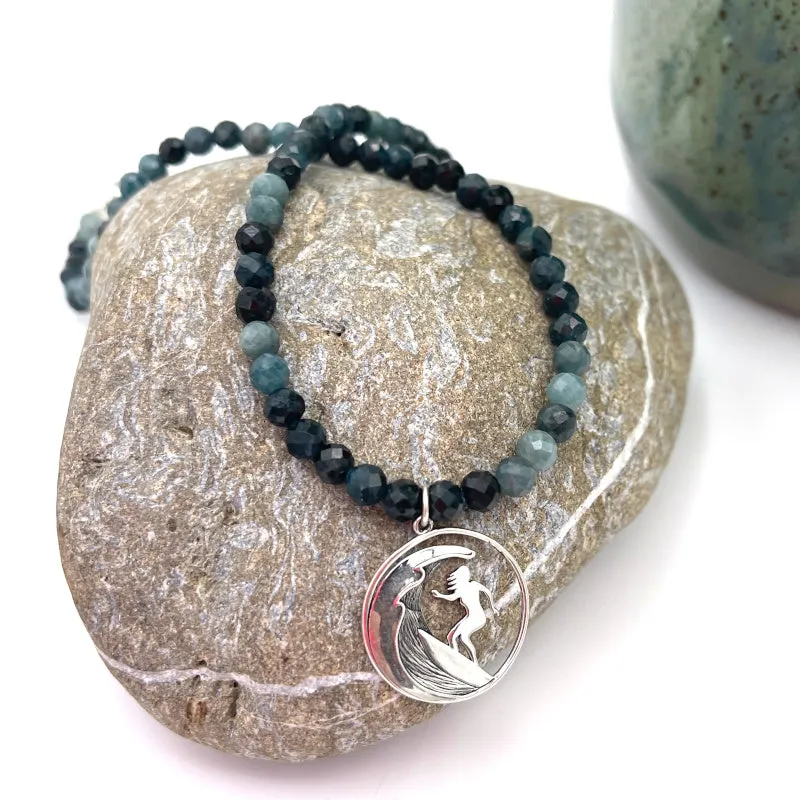 Silver Surfer Girl Blue Tourmaline Charm Necklace