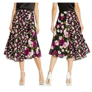 ✨Size 10 Women's Midi Skirt Calvin Klein Faux Wrap Floral Black Pink A-Line New✨