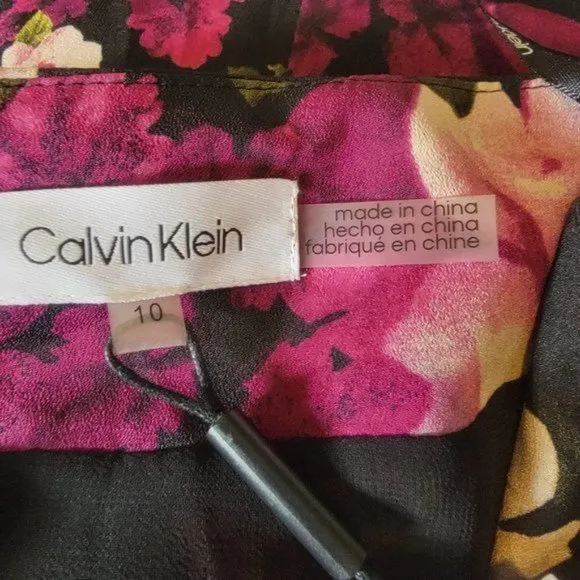 ✨Size 10 Women's Midi Skirt Calvin Klein Faux Wrap Floral Black Pink A-Line New✨