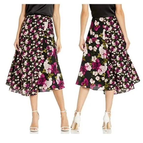 ✨Size 10 Women's Midi Skirt Calvin Klein Faux Wrap Floral Black Pink A-Line New✨