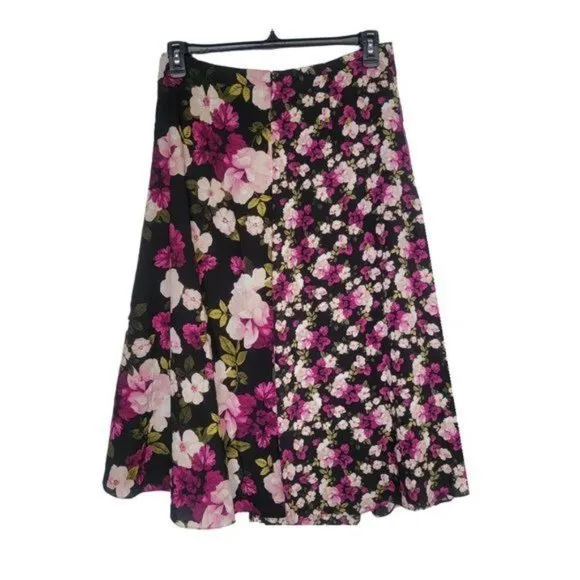 ✨Size 10 Women's Midi Skirt Calvin Klein Faux Wrap Floral Black Pink A-Line New✨