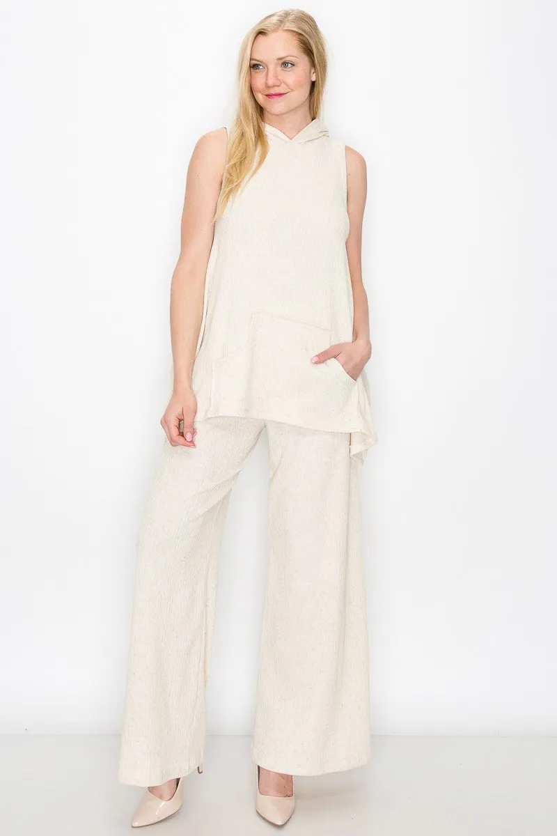 Sleeveless Hooded Top and Wide Leg Pants Set - Ivory