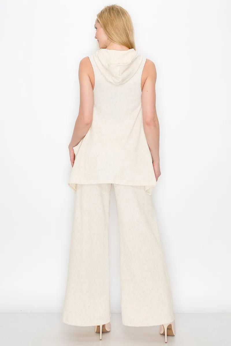 Sleeveless Hooded Top and Wide Leg Pants Set - Ivory