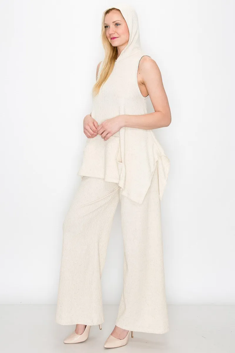 Sleeveless Hooded Top and Wide Leg Pants Set - Ivory