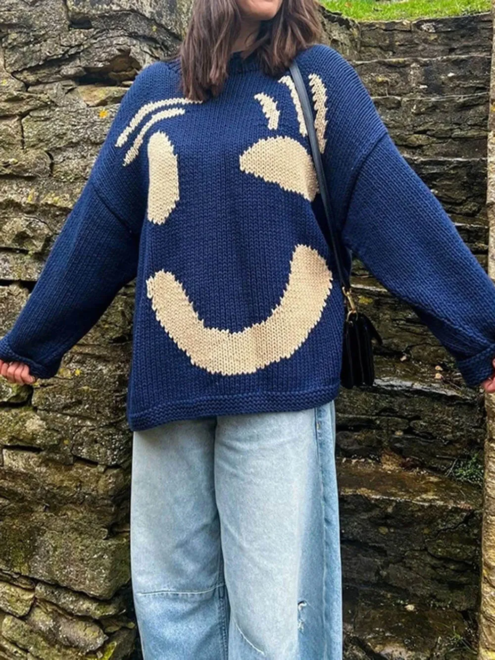 Smiley Knit™ | Women's Colorful Loose Pullover Sweater | Soft Knit Fabric, Fun Smiley Face Design, Relaxed Fit