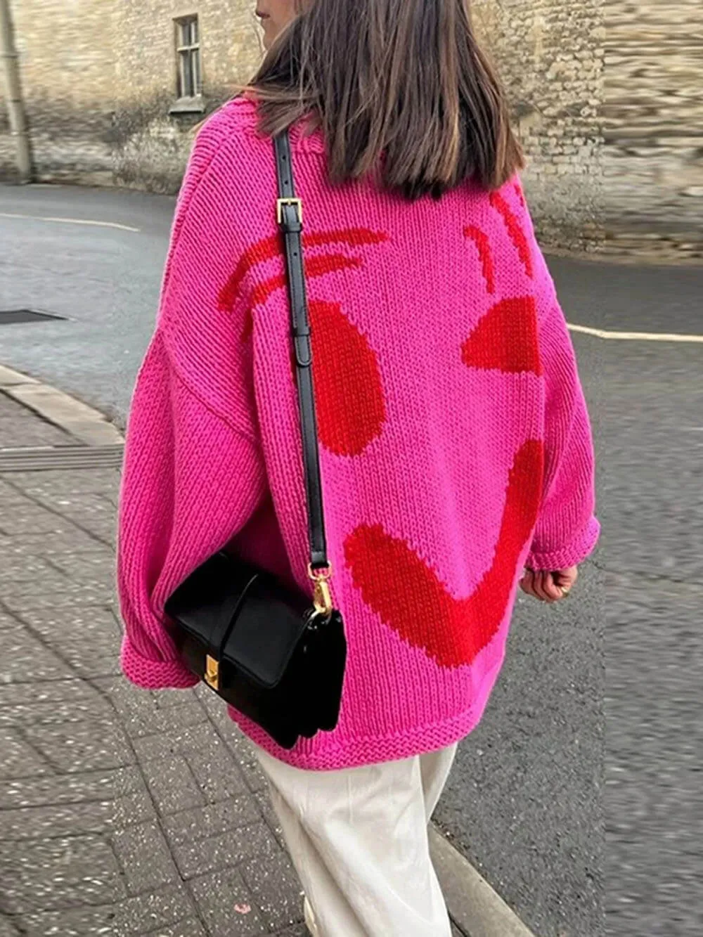 Smiley Knit™ | Women's Colorful Loose Pullover Sweater | Soft Knit Fabric, Fun Smiley Face Design, Relaxed Fit
